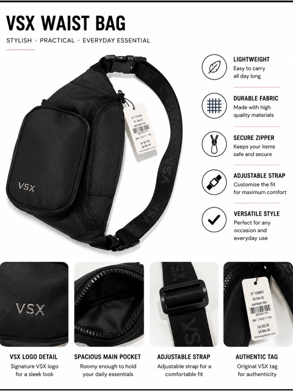 VSX Black Men's Waist Pack with Adjustable Strap
